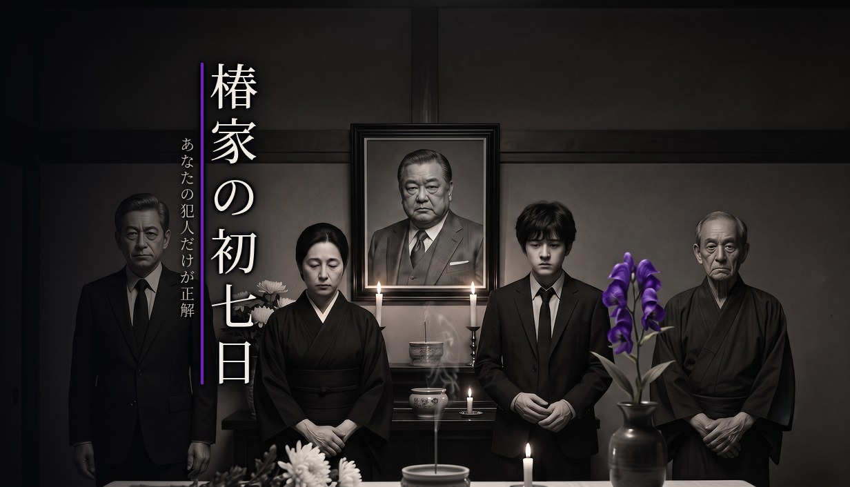 『椿家の初七日』キービジュアル — 遺影の前に並ぶ四人